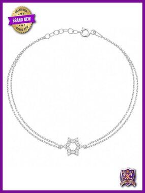 Star of David Pave CZ Charm Bracelet Sterling Silver Adjustable